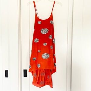 Orange Sleeveless Spaghetti Strap Short Dress Size S‎ Sequins Embellished Silver